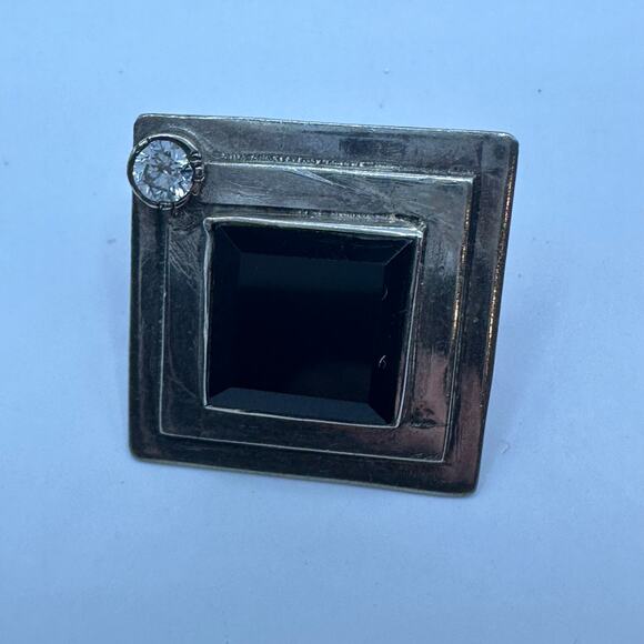 Single Pierced Earring Silver Black Onyx Cubic Zirconia Square Boho - Picture 3 of 7